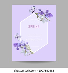 Floral Bloom Spring Frame with Purple Iris Flowers. Invitation, Poster, Greeting Card Flyer Template. Vector illustration