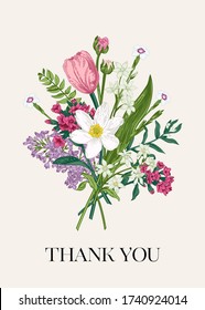 Floral blooming bouquet. Thank you card. Botanical vector illustration. Colorful.