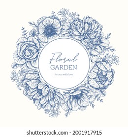 Floral blooming design template. Rose, anemone, peonies, greenery. Flower wreath. Vintage botanical flowers in engraved style. Blue. Flower composition for wedding invitations, prints, greeting card