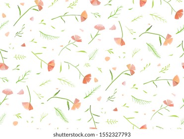 Floral blooming flowers seamless pattern background on white. Pink flowers textile vintage seamless texture romantic design for natural romantic de botanical projects. 