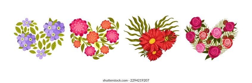 Floral Blooming Heart Shape with Fragrant Blossom and Foliage Vector Set