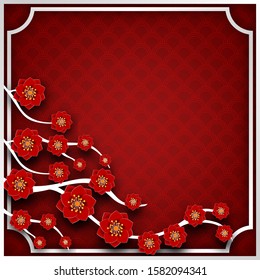 Floral blooming red flowers branch on bright red backdrop, Chinese, japanese cherry blossom paper cut out style. For banner, poster, flyer with place for your text