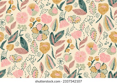 Floral blooming romantic feminine seamless pattern with imitation of satin stitch embroidery.