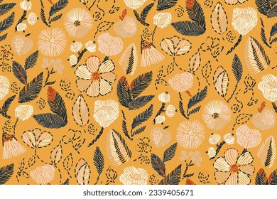 Floral blooming romantic feminine seamless pattern with imitation of satin stitch embroidery.