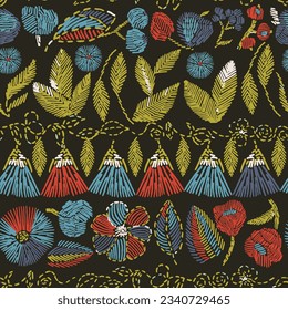Floral blooming romantic feminine seamless pattern with imitation of satin stitch embroidery.Hand drawn. Not AI