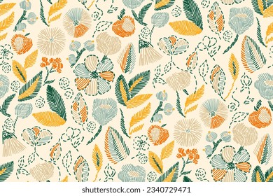 Floral blooming romantic feminine seamless pattern with imitation of satin stitch embroidery.Hand drawn. Not AI