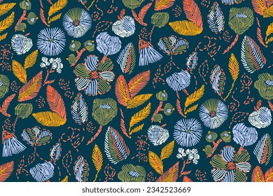 Floral blooming romantic feminine seamless pattern with imitation of satin stitch embroidery.Hand drawn. Not AI