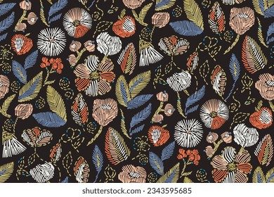 Floral blooming romantic feminine seamless pattern with imitation of satin stitch embroidery.Hand drawn. Not AI