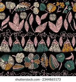 Floral blooming romantic feminine seamless pattern with imitation of satin stitch embroidery.Hand drawn. Not AI