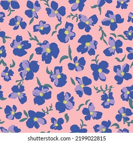 Floral blooms seamless repeat pattern. Random placed, vector flowers with leaves seamless repeat pattern on pink background.