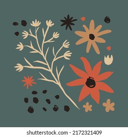 Floral blossom with brunch square vector illustration in modern doodle style. Beautiful hand drawn flower card with spots, dots. Trendy elegance t shirt print, art design, post template