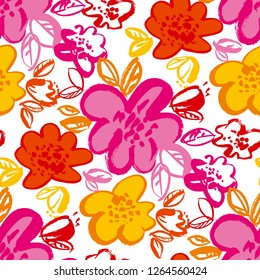 Floral blossom hand drawn seamless vector pattern. Sketch texture with violet, orange, yellow, red flowers on white background. Grunge brushstroke blossoms vintage drawing. Wallpaper, wrapping paper