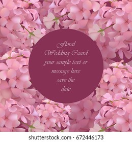 Floral blossom round card frame. Spring Summer delicate watercolor flowers Wedding Invitation. Place for text. Vector illustration