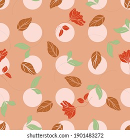 Floral blossom seamless pattern. Blooming botanical elements scattered randomly. Hand drawn flowers and leaves on pink polka dots background. Color vector pattern for fashion, fabric, wallpaper, print.