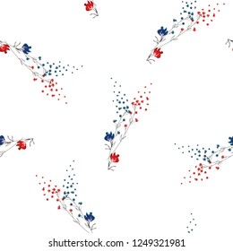 Floral blossom seamless pattern. Botanical motifs scattered random. Trendy color vector texture. Fashion fabric ditsy print. Hand drawn small blue, red flower branches on white background. Retro style