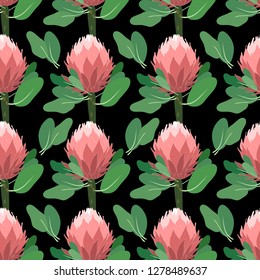 Floral blossom seamless pattern. Protea flowers with leaves regular repeat. Trendy abstract vector texture in pastel colors. Fashion prints, fabric, design. Hand drawn flowers on black background