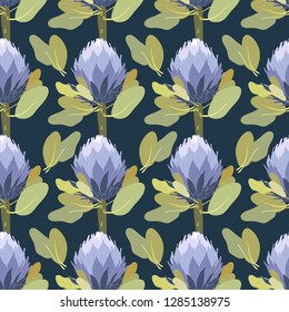 Floral blossom seamless pattern. Protea flowers with leaves regular repeat. Trendy abstract vector texture in pastel colors. Fashion print, fabric, design. Hand drawn flowers on blue background