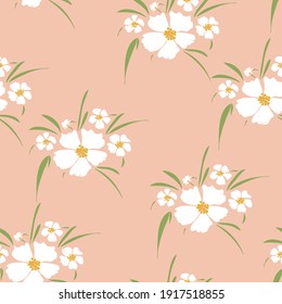 Floral blossom seamless pattern. Randomly scattered blooming botanical motif. Hand drawn white flowers with leaves sketch drawing on pink background. Color vector illustration