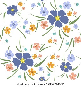 Floral blossom seamless pattern. Randomly scattered blooming botanical motif. Hand drawn blue, pink, orange flowers with leaves sketch drawing on white background. Color vector illustration