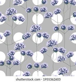 Floral blossom seamless pattern. Randomly scattered blooming botanical motif. Hand drawn blue flowers on branches sketch drawing on grey polka dotted background. Color vector illustration