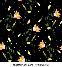 Floral blossom seamless pattern. Randomly scattered blooming botanical motif. Hand drawn flowers on branches sketch drawing on white polka dotted background. Color vector illustration on black