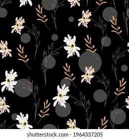 Floral blossom seamless pattern. Randomly scattered blooming botanical motif. Hand drawn flowers on branches sketch drawing on grey polka dotted background. Color vector illustration on black