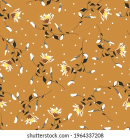 Floral blossom seamless pattern. Randomly scattered blooming botanical motif. Hand drawn flowers on branches sketch drawing on polka dotted background. Color vector illustration on orange