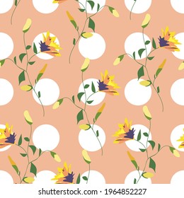 Floral blossom seamless pattern. Randomly scattered blooming botanical motif. Hand drawn flowers on branches sketch drawing on white polka dotted background. Color vector illustration on pink