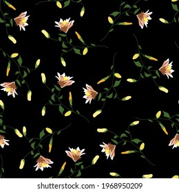 Blumenblüte nahtloses Muster. Randomisch zerstreutes botanisches Motiv. Handgezeichnete Blumen auf Zweigen Skizze auf dunklem Hintergrund. Farbvektorgrafik auf Schwarz