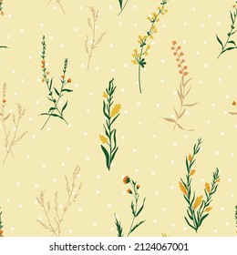 Motif floral harmonieux de fleurs. Motif botanique héréditaire en fleurs. Fleurs dessinées à la main sur des branches, croquis sur fond blanc polka pointillé. Illustration vectorielle couleur sur beige