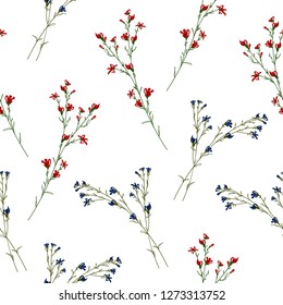 Floral blossom seamless pattern. Trendy colorful vector texture. Blooming botanical elements scattered random. Good for fashion. Ditsy print. Hand drawn small flowers on white background. Retro style
