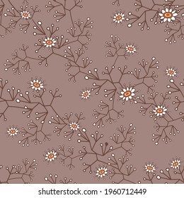 Floral blossom seamless pattern. Trendy colorful vector design. Blooming botanical elements randomly scattered. Hand drawn small flowers on beige background.