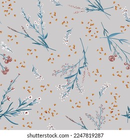 Floral blossom seamless pattern. Trendy field colorful vector texture. Blooming botanical motifs scattered random. Ditsy print. Hand drawn artistic different wild meadow flowers on grey background