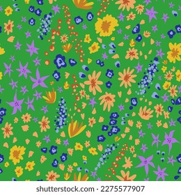 Floral blossom seamless pattern. Trendy field colorful vector texture. Blooming botanical motifs scattered random. Ditsy print. Hand drawn artistic different wildflowers. Polka dotted green background