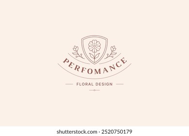 Flor floral em escudo modelo de design de logotipo de arte de linha minimalista elegante para jardinagem ilustração vetorial. Logotipo linear de flor bonita para florista estúdio coiffure pele cuidado cosmético marca