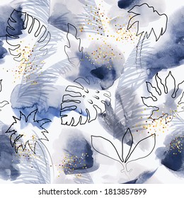 Floral blue abstract painted vector pattern. Watercolor wet brush on tinsel paper, paper texture background.