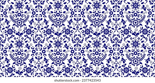 Patrón abstracto azul floral sin fisuras con flores azules en la hoja sobre fondo blanco. Diseño vectorial para tela de vestir tela textil decoración de tapicería de papel tapizado por toda la impresión