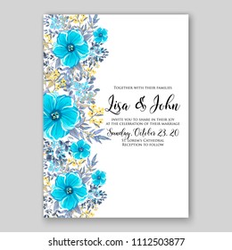 Floral blue anemone wedding invitation vector card template printable background