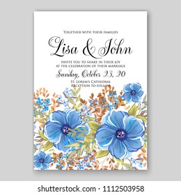 Floral blue anemone wedding invitation vector card template printable background