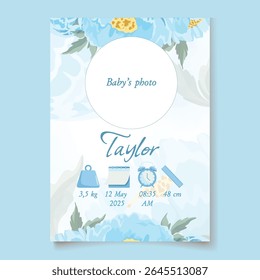 Floral blue baby birth details poster with peonies and “It’s a boy” message, perfect for baby announcement card or nursery decor
