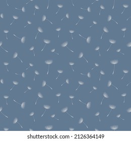 Floral blue background seamless pattern white with dandelion fluff silhouette. Beautiful nature backdrop. Trendy stylish wallpaper. Vector illustration.