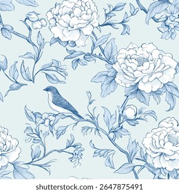 Floral Azul Chinoiserie Toile De Jouy Vintage Padrão Sem Costura 4 Gráficos Vetoriais Elegantes. Com florais delicados, pássaros graciosos e motivos românticos, este padrão sem costura é trabalhada com perfeição