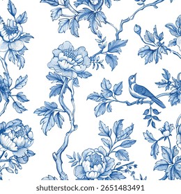 Floral Blue Chinoiserie. Toile De Jouy Vintage Seamless Pattern 05 Elegant Vector Graphics. Featuring delicate florals, graceful birds, and romantic motifs, this seamless pattern is crafted to perfect