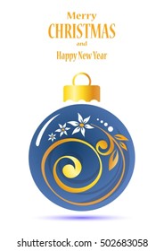 Floral blue Christmas ball isolated on white background with floral pattern. New Year and Christmas greeting card design.