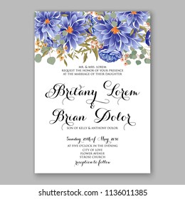 Floral blue chrysanthemum wedding invitation vector printable card template Bridal shower bouquet flower marriage ceremony wording text
