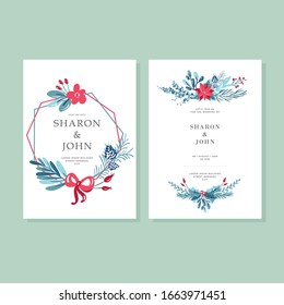 Floral Blue Elegant Wedding Invitation Vector