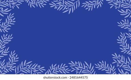 floral blue frame with branches and stars for posters, banners, flyers, wedding invitations, save the date, card, menu. Copy space, blue silhouette vector background. leaves, herbs