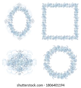 Floral blue frame set with hand-drawn elements. Vector illustration