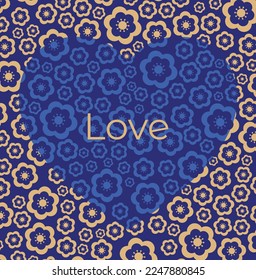Floral blue and gold patterned heart. Valentine's day background.