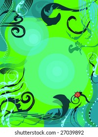 Diseño vectorial verde y azul floral con mariquita.